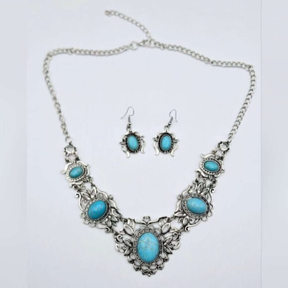 Boho Silver Tone Faux Turquoise Bib Necklace and Earrings Set Vintage